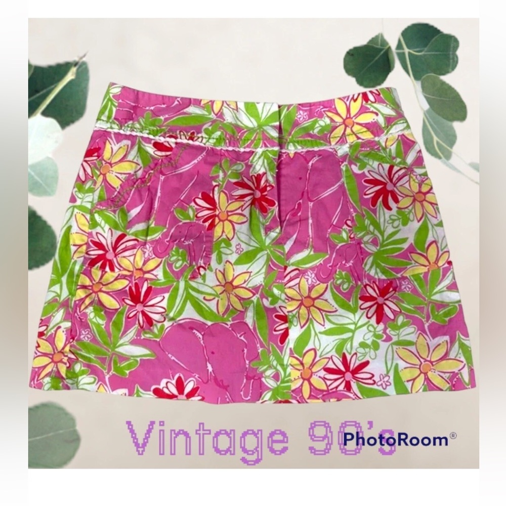 LILLY PULITZER Skort Size 0 Garden Vista Pink Elephant Green Yellow Floral VTG